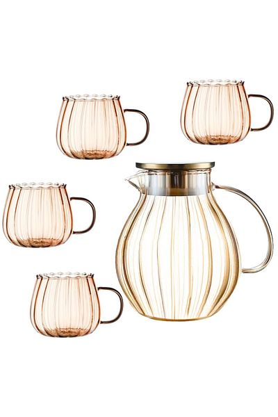 Quasar & Co. Kettle Set With 4 Cups, with Filter, Lid, 1600ml/4x400ml, Borosilicate Glass/Stainless Steel, Amber