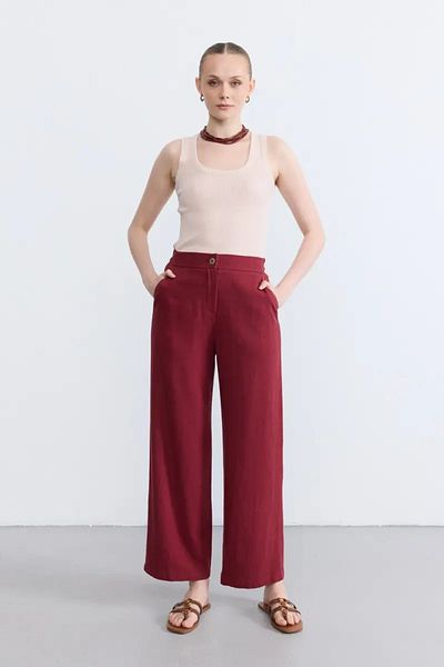 Gusto Burgundy Wide Leg Linen Trousers