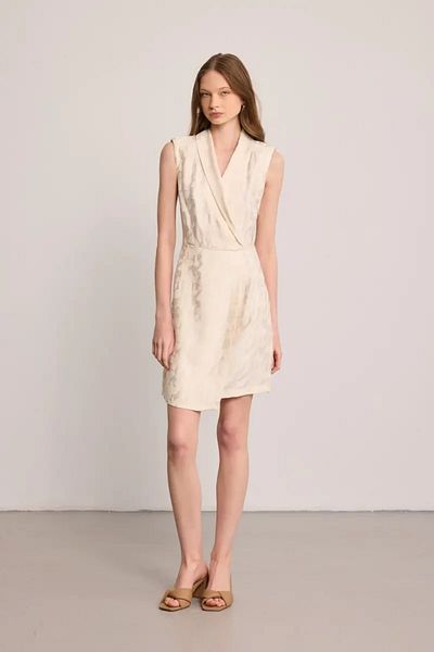 Gusto Jacquard Patterned Dress with Shawl Collar - Ecru