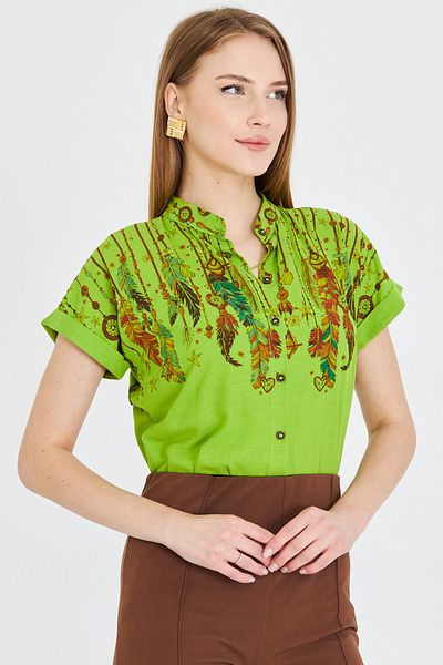 armonika Women's Pistachio Green Judge Collar Short Sleeve Shirt Arm-25Y 001040