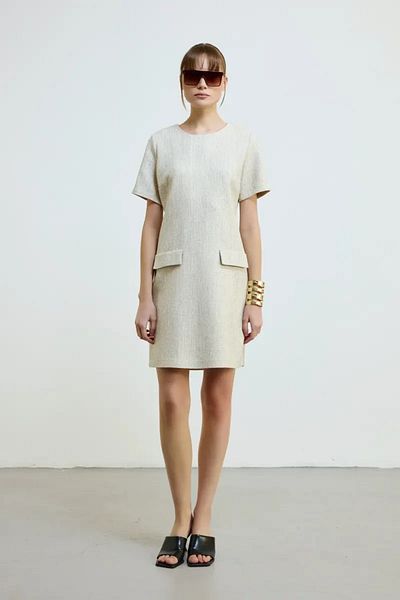 Gusto Koton Tweed Half Sleeve Dress - Ecru