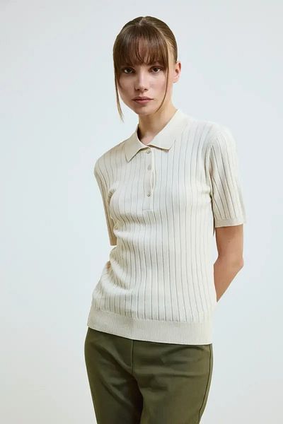 Gusto Polo Neck Short Sleeve Knitwear Blouse - Ecru