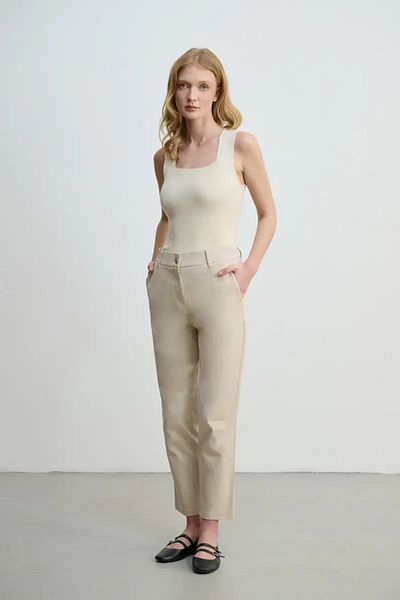 Gusto Μπεζ παντελόνι Mom Canvas