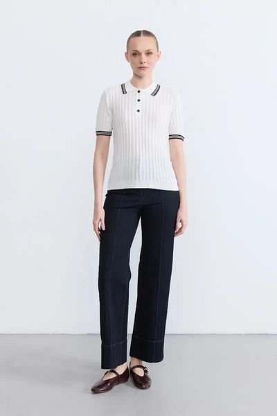 Gusto Stripe Detailed Polo Neck Short Sleeve Knitwear Blouse - Ecru