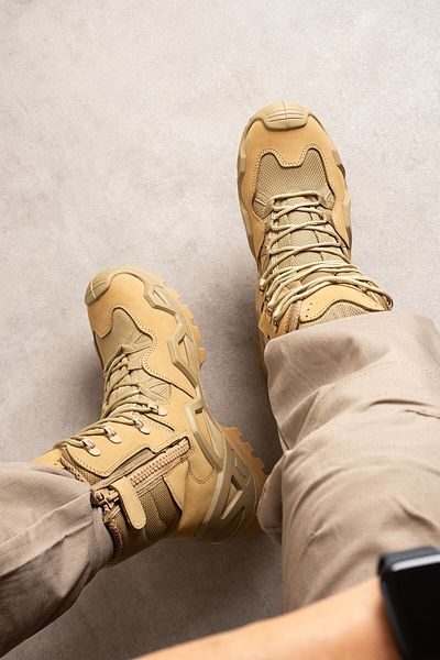 SINGLE SWORD Genuine Leather Military Tactical Summer Zippered Beige Boots That Can Be Weared in Four Seasons