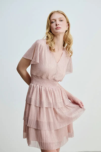 Gusto Pink V-Neck Tiered Glitter Evening Dress