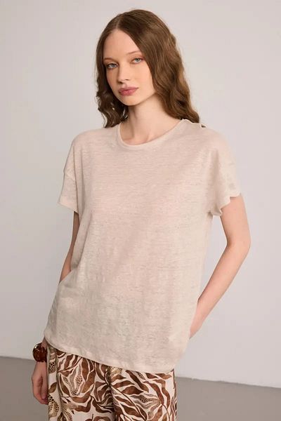 Gusto Λινό T-shirt με Γιακά - Μπεζ