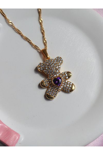 Reorah Collection Teddy Bear Necklace-Colored Teddy Bear Necklace with Zircon Stone