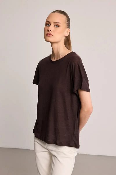 Gusto Λινό T-shirt με Στρογγυλή Λαιμόκοψη - Καφέ