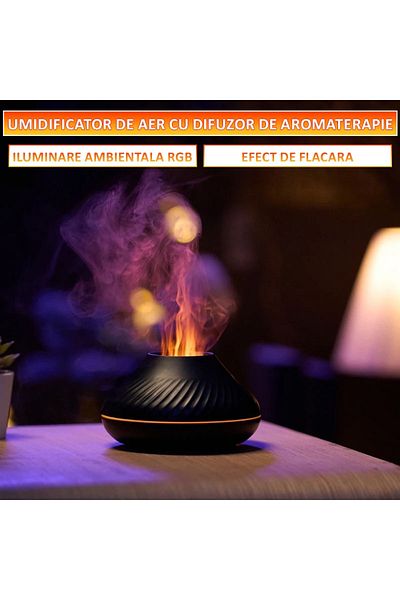 NEXTLY Umidificator De Aer Cu Difuzor De Aromaterapie Efect De Flacara Tip Vulcan, Iluminare