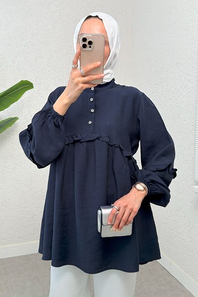 Salih Çelebi Frilly Balloon Sleeve Tunic 2295 - Dark Blue