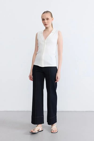 Gusto Polo Neck Cotton Camisole Buttoned Blouse - Ecru