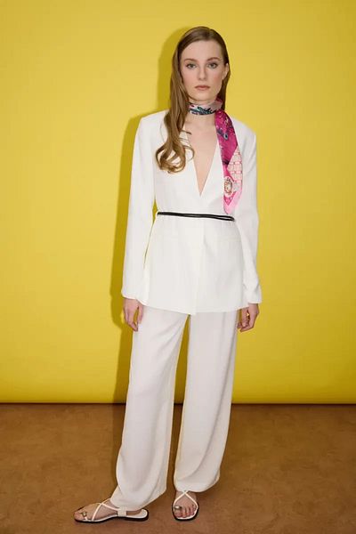 Gusto V-Neck Crepe Jacket with Leather Belt Accessories - Ecru