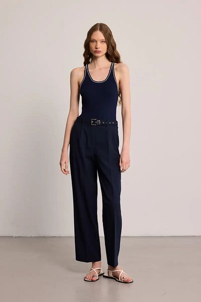 Gusto Belted Fabric Trousers - Navy Blue