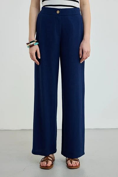 Gusto Wide Leg Linen Trousers - Navy Blue