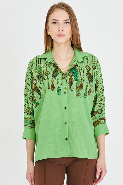 armonika Women's Green Quarter Sleeve Loose Shirt Arm-25Y 001055