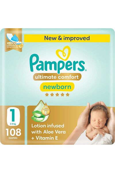 Pampers Ultimate Comfort Taped Diapers, Size 1, 2-5kg, Lotion infused with Aloe Vera and Vitamin E,