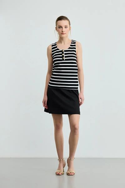 Gusto Striped Button Detailed Cotton Undershirt - Black