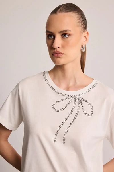 Gusto Bow Stone Embroidery Detailed Cotton T-Shirt - Ecru