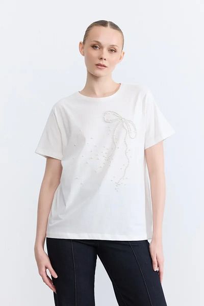 Gusto Tricou din bumbac brodat cu perle - Ecru