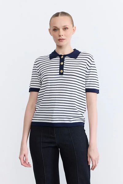 Gusto Πλεκτή μπλούζα Polo Collar Striped - Navy Blue