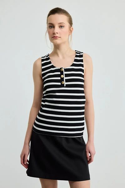 Gusto Striped Button Detailed Cotton Undershirt - Black