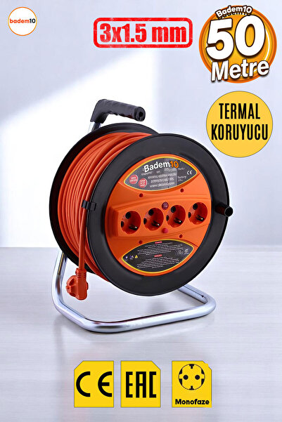 Badem10 Makaralı Cca Uzatma Kablosu 3x1.5 Mm 50 Metre Plastik Seyyar 4 Prizli...