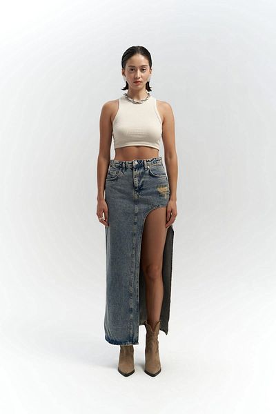 MAİ COLLECTİON Sasha Dirty Green Deep Slit Jean szoknya