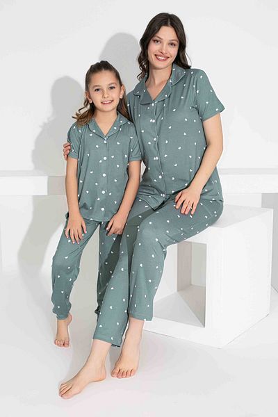Tarık Mother Daughter Combination Short Sleeve Shirt Long Bottom Milan Fabric Medium Thick Pajamas Set-2909