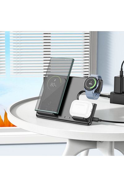 REDz Accessories Suport 3 în 1 cu încărcare wireless de 15W, Hoco CQ2, compatibil cu Samsung, pliabil, negru