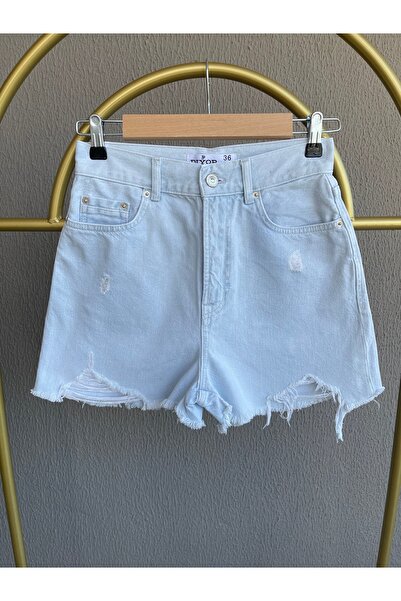 Butik Yüksek Bel Rahat Kalıp Saçaklı Paça Jean Kot Şort