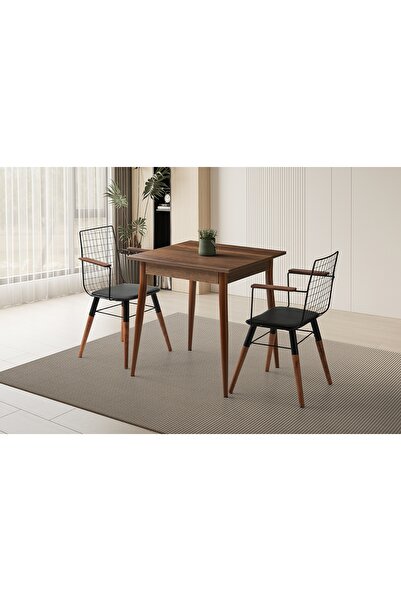 Vivense MENDEL MASA, AHŞAP KOLLU TEL SANDALYE, CEVİZ, 70x70