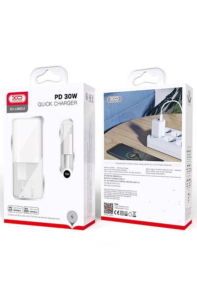 REDz Accessories Set încărcător și cablu Type-C XO-L96, pentru iPhone 15/16 și Android, adaptor cu porturi duble, 30W, alb