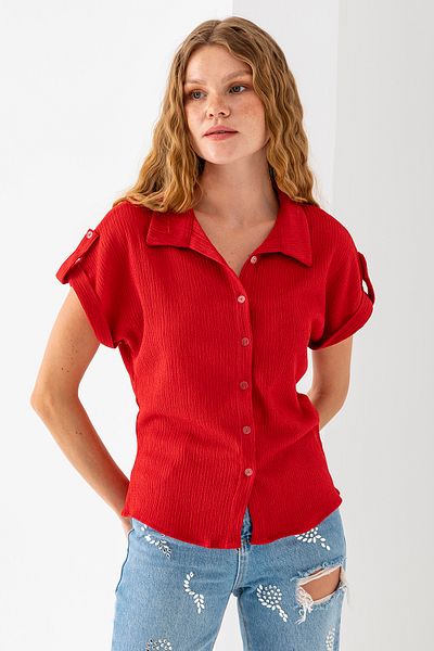 GİYSA Women's Shirt Collar Short Sleeve Wrap Blouse Red - 20270