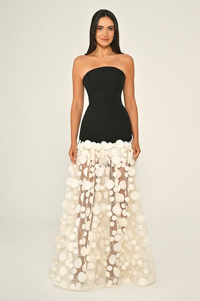 ALFABETA Crepe Skirt 3D Tulle Long Evening Dress Alpha Beta B7067
