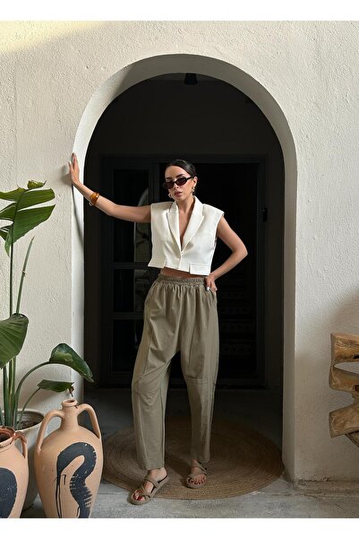 minaaise Kadın Haki Penye ve Dokuma Garnili Tasarım Oversize Şalvar Pantolon ...