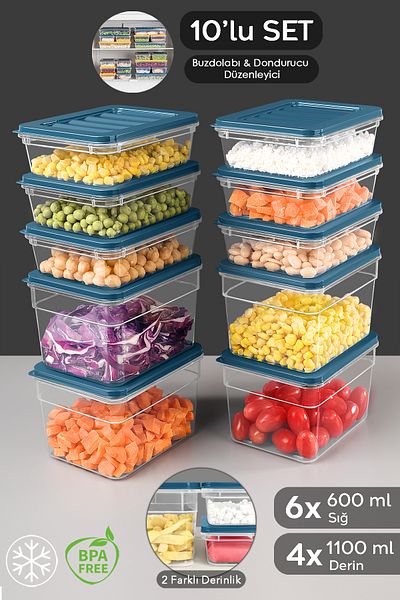 Meleni Home 10-Piece Microwave Compatible Organizer Set Organizer Food Storage Container Deep and Shallow S Blue