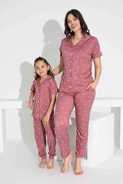 Tarık Mother Daughter Combination Short Sleeve Shirt Long Bottom Milan Fabric Medium Thick Pajamas Set