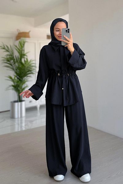 Ka Hijab Σετ με λεπτομέρεια με κορδόνια casual - Μαύρο