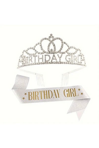 Store Birthday Girl Crown and Sash Set – Silver Glitter Birthday Accessory