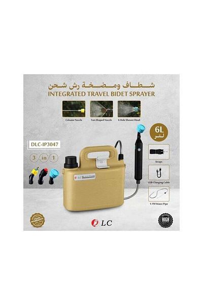 DLC Spray pump and hand-held bidet for travel, trips and camping, rechargeable via USB, with a large