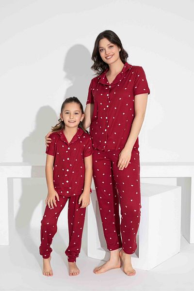 Tarık Mother Daughter Combination Short Sleeve Shirt Long Bottom Milan Fabric Medium Thick Pajamas Set-2909