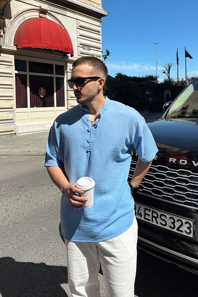 Livio Ferri Мъжка риза Soro с наднормено бельо и ленена визия с къс ръкав и съдийска яка