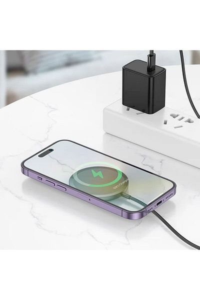 REDz Accessories Încărcător wireless, Hoco Cw52, Magsafe, compatibil cu Apple, cablu de 1 m cu mufă Type-C, negru
