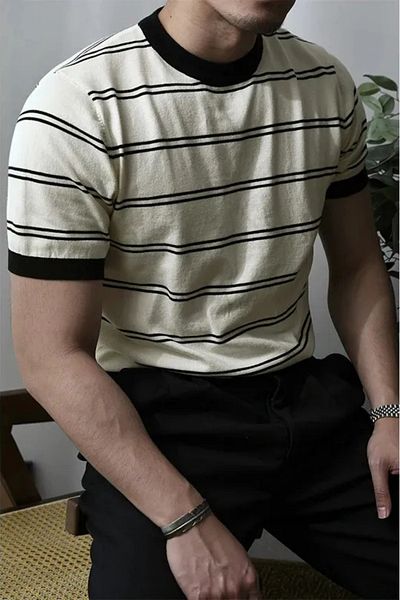 Tarz Cool Men's Stripe Detail Slim Fit Crew Neck Knitwear T-Shirt