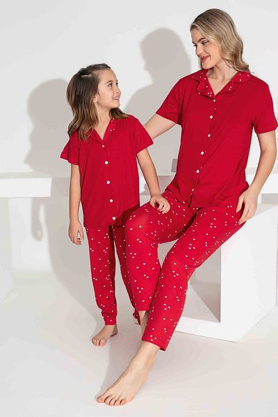 Tarık Mother Daughter Combination Short Sleeve Shirt Long Bottom Milan Fabric Medium Thick Pajama Set-2922