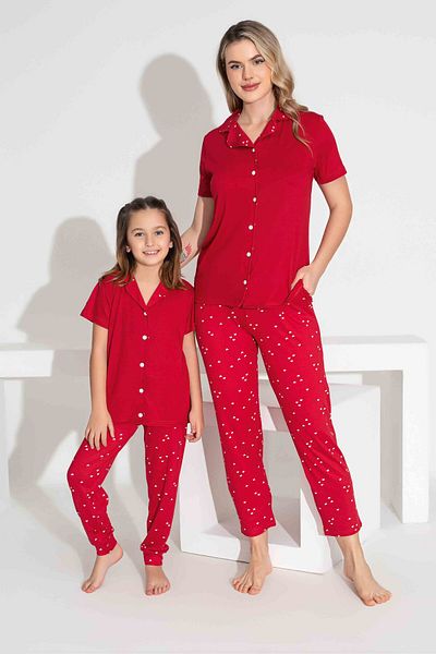 Tarık Mother Daughter Combination Short Sleeve Shirt Long Bottom Milan Fabric Medium Thick Pajama Set-2922