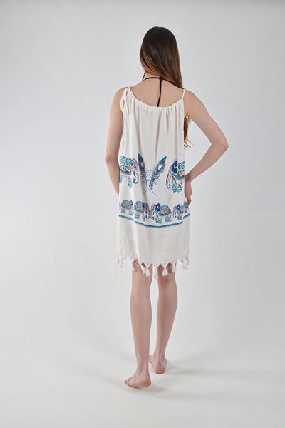 REİNA TEKS Beachwear Viscon Dress Blue Elephant Patterned Cotton Beach Dress with Lacing Detail 1Pc Pareo