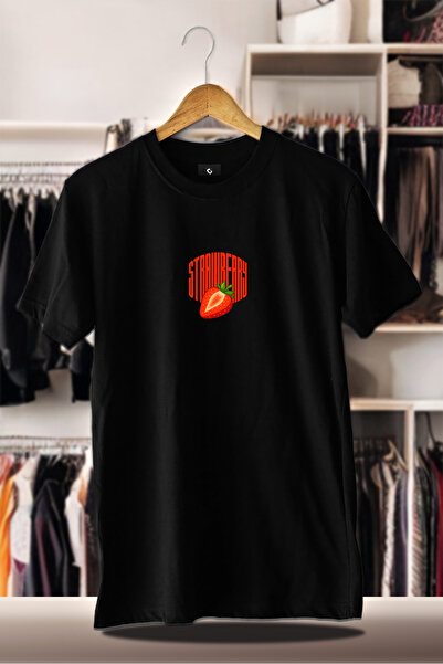 CC STORE Tricou negru din bumbac, imprimat supradimensionat, cu 3 fire |   Vară Vară cu aromă de căpșuni