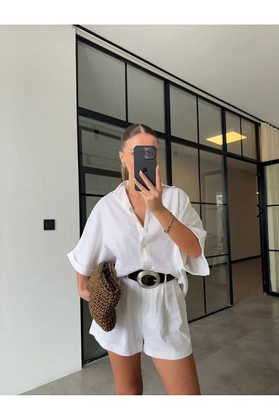 Bak'ap Pantaloni scurți din bumbac Cămașă din in Set de 2 piese din in